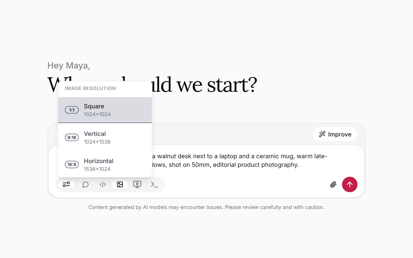 The Image resolution menu with Square, Vertical and Horizontal options