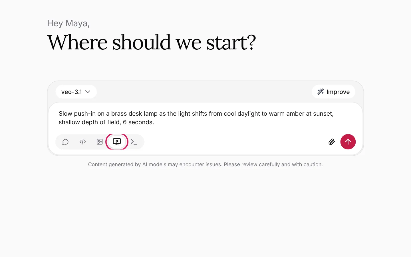 Video mode selected with a short camera-move prompt typed in and a video model chosen
