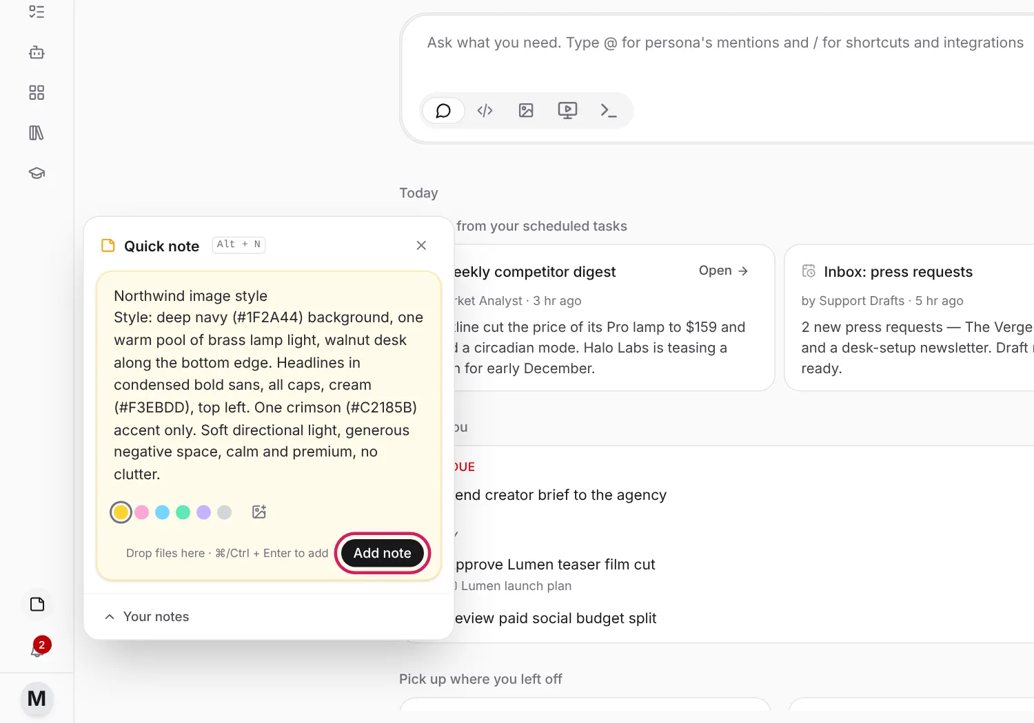 The Quick note panel open with the style block pasted in and the Add note button highlighted