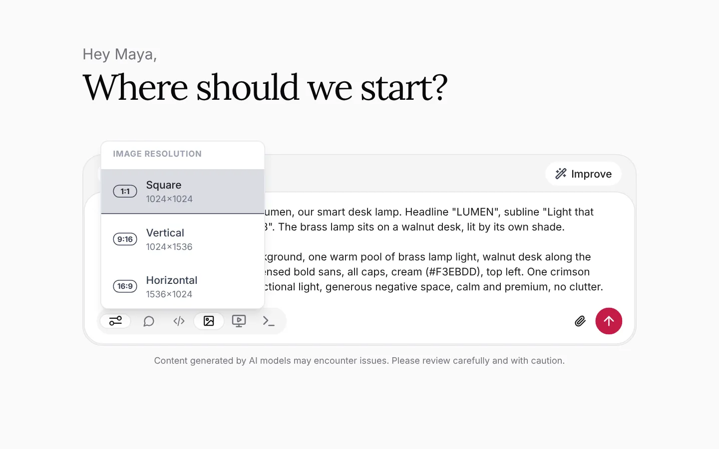 Image mode with the subject and style block in the message box and the Image Settings list open showing Square, Vertical and Horizontal