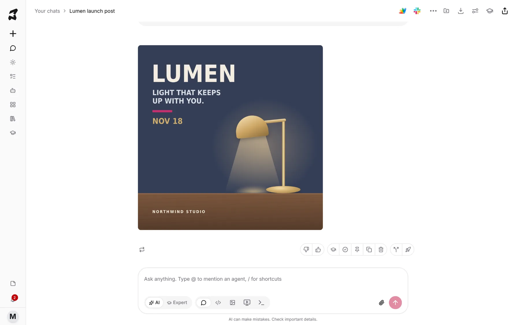 The generated launch post in the chat: LUMEN headline, subline and date on deep navy, with a brass lamp on a walnut desk