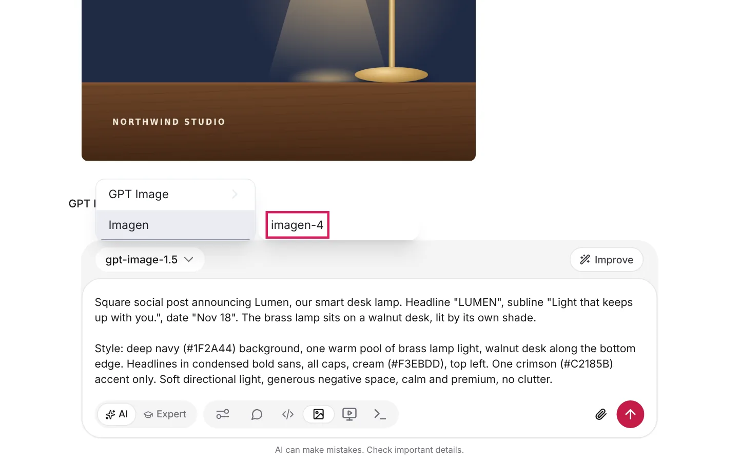The model menu open above the message box in an image chat, with Imagen expanded and imagen-4 highlighted