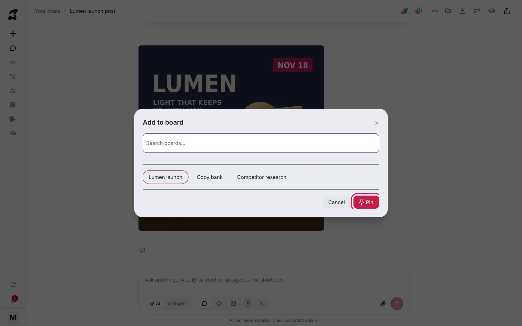 The Add to board dialog over the final image, with the Lumen launch board selected and the Pin button highlighted