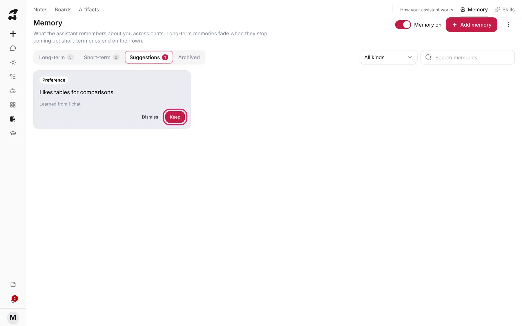 The Suggestions tab with one suggested preference and the Keep button highlighted