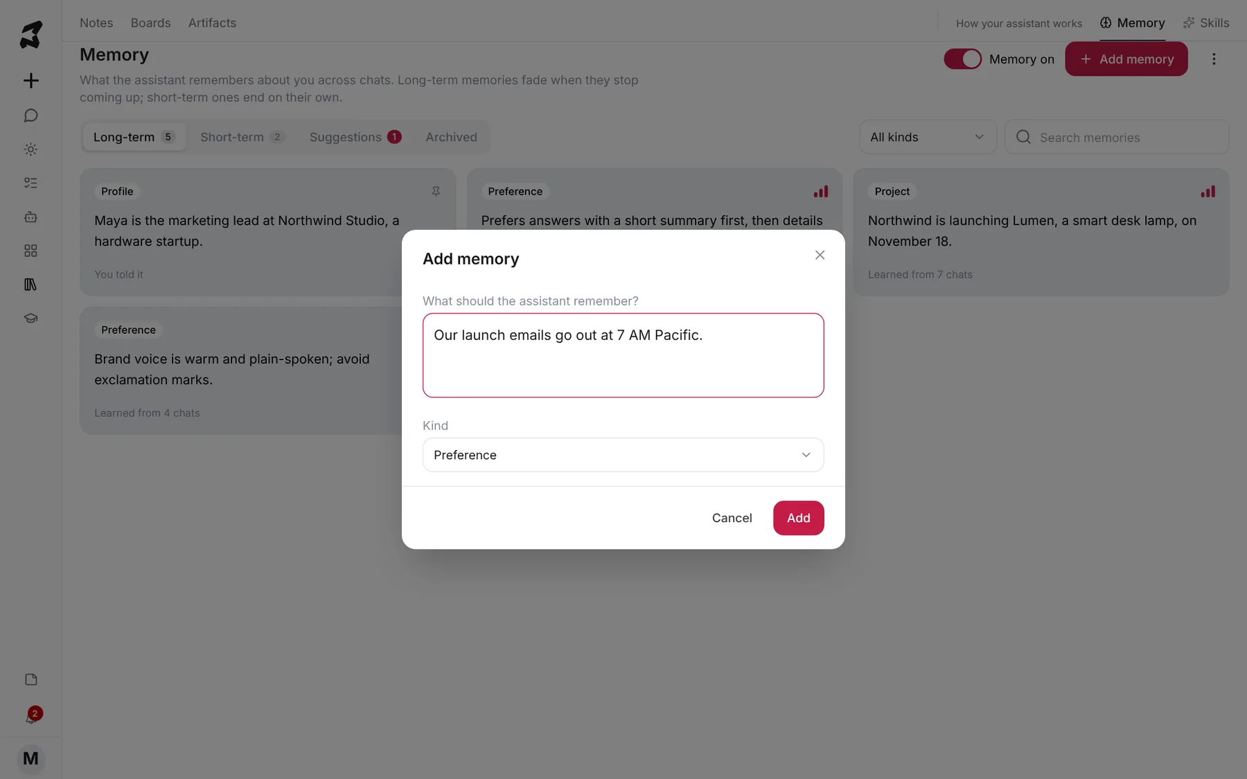 The Add memory dialog with a memory typed in and Preference chosen as the kind