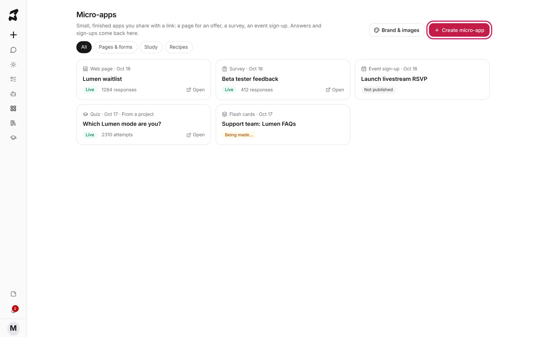 The Micro-apps page with cards for a Lumen waitlist, a beta tester survey, a livestream RSVP, a quiz and flash cards, and the Create micro-app button highlighted