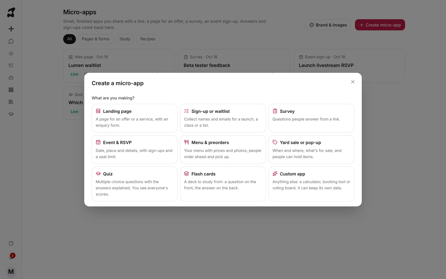 The Create a micro-app dialog showing starting ideas such as Landing page, Sign-up or waitlist, Survey and Event & RSVP