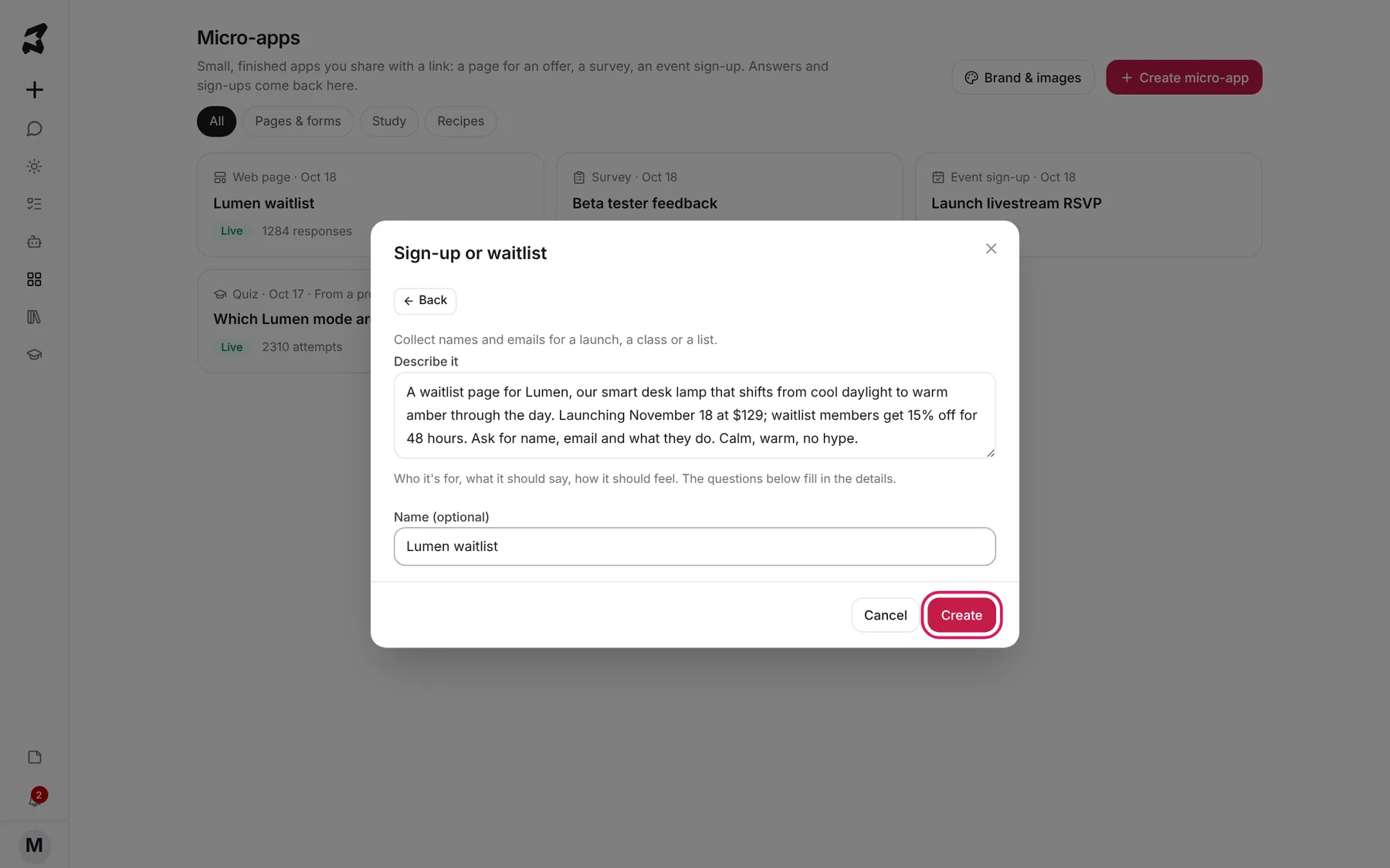 The Sign-up or waitlist step with a description of the Lumen waitlist page, the name Lumen waitlist, and the Create button highlighted