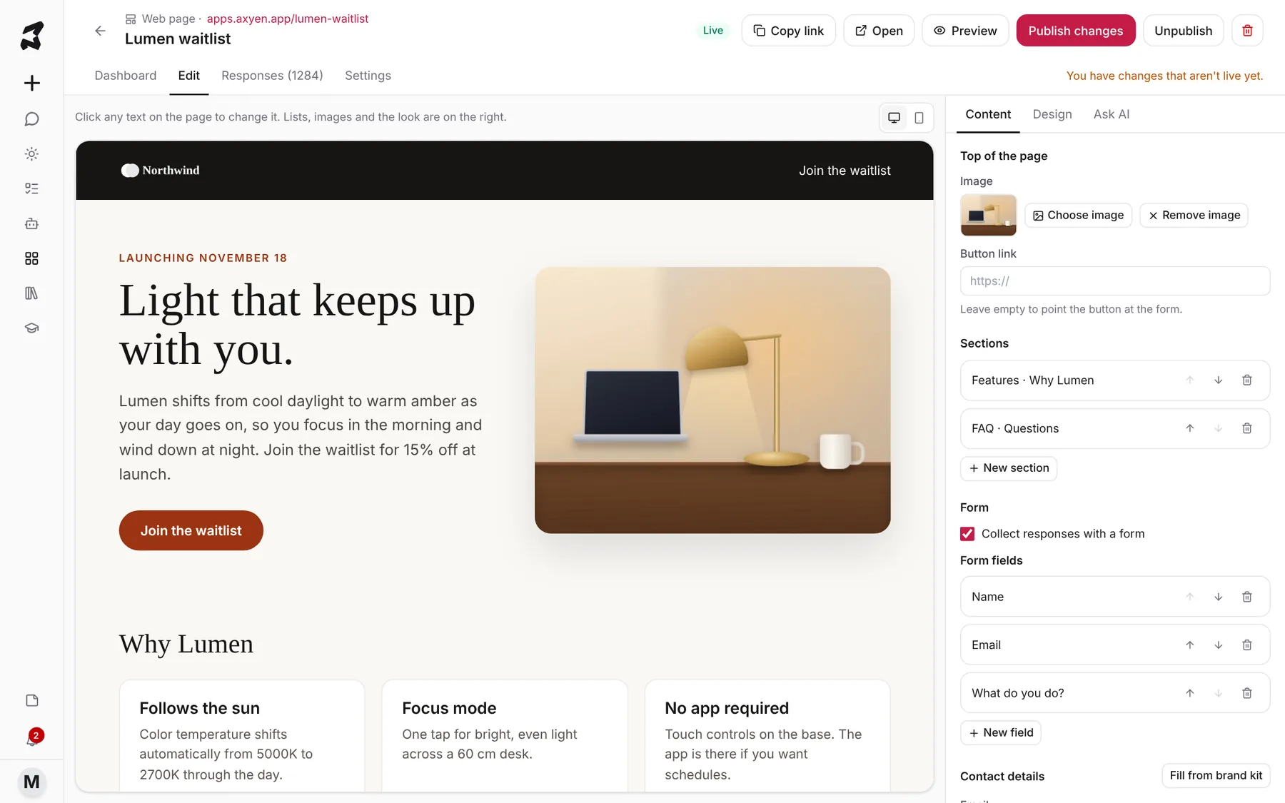 The micro-app editor showing the Lumen waitlist page on the left and the Content tab on the right with the hero image, sections, form fields and contact details