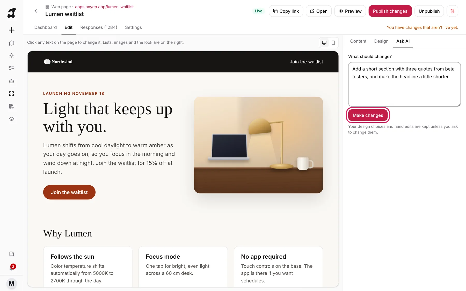 The Ask AI tab with a request to add beta tester quotes and shorten the headline, and the Make changes button highlighted