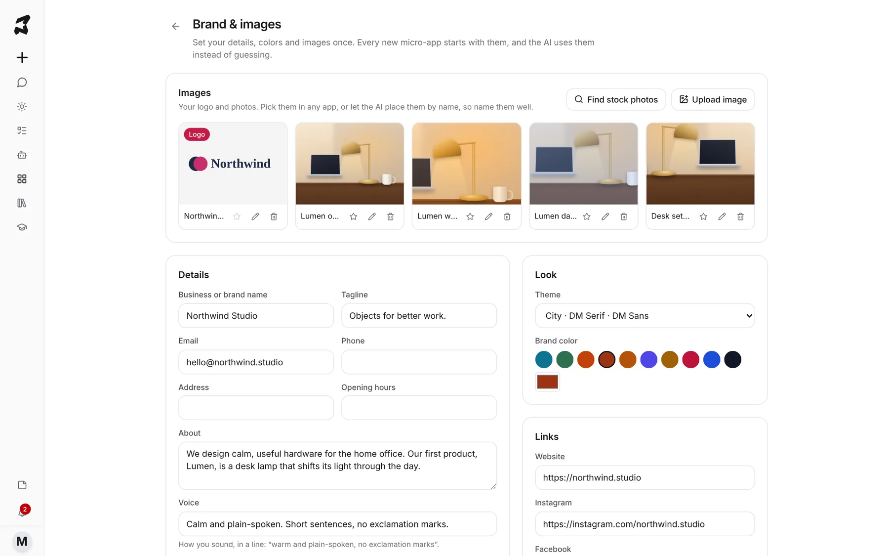 The Brand & images page with a Northwind logo and four Lumen product photos, business details, voice, theme, brand color and links