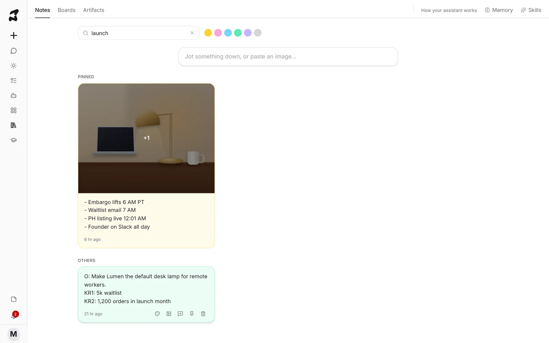 The Notes board filtered by the word launch, showing two matching notes