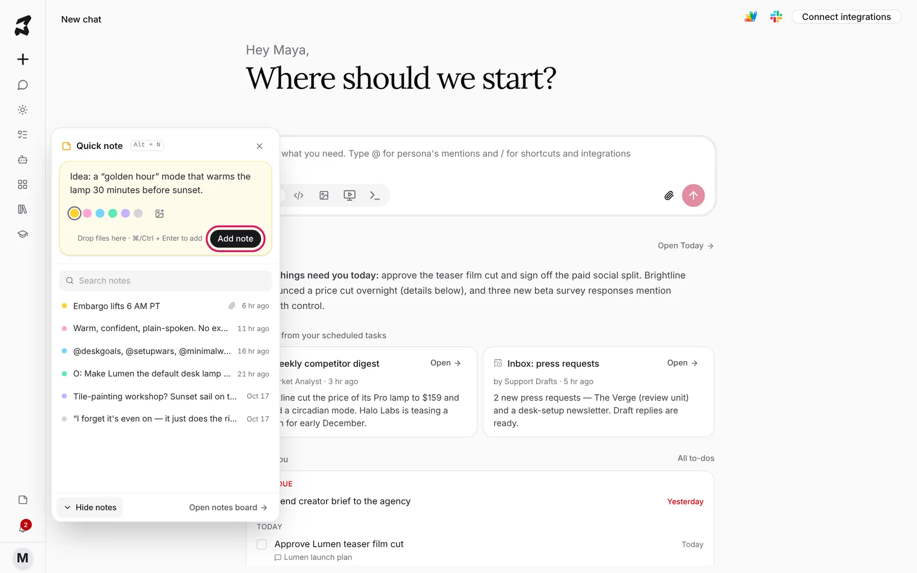 The Quick note panel open over the home screen, with a note being written and the list of recent notes below