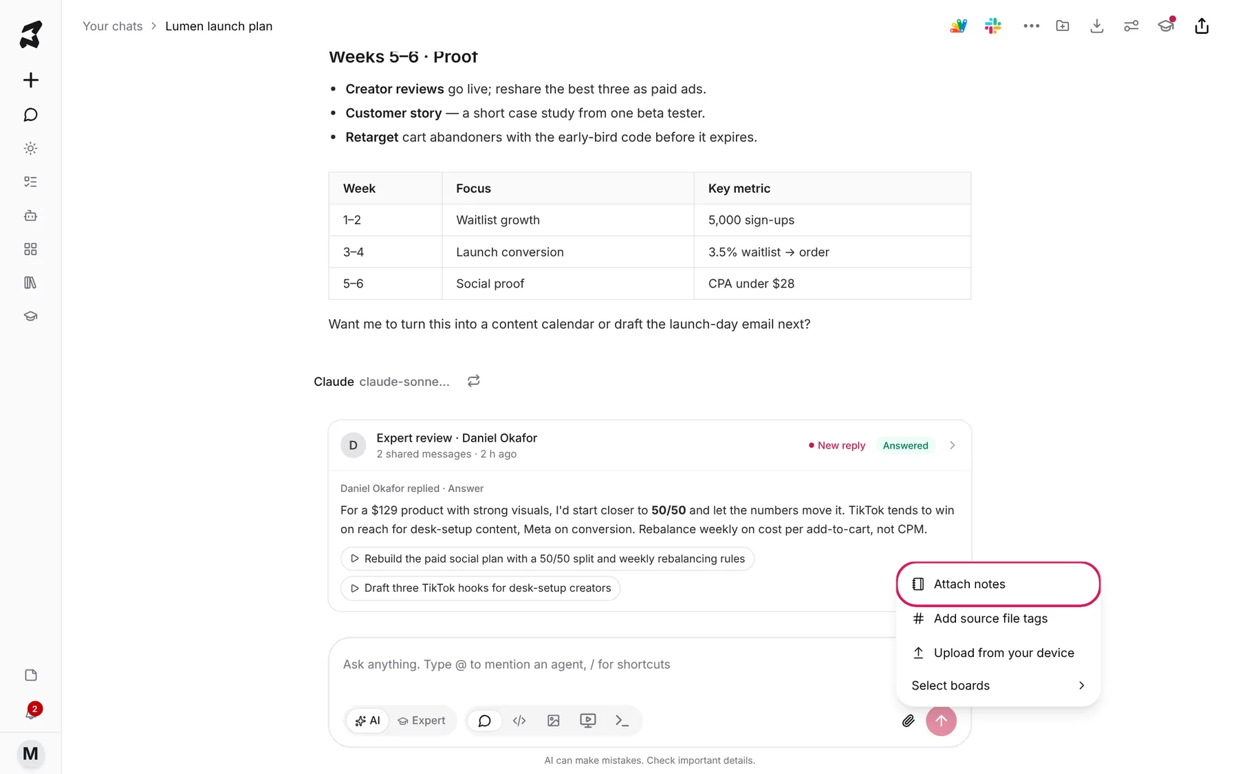 The composer's attachment menu with Attach notes highlighted