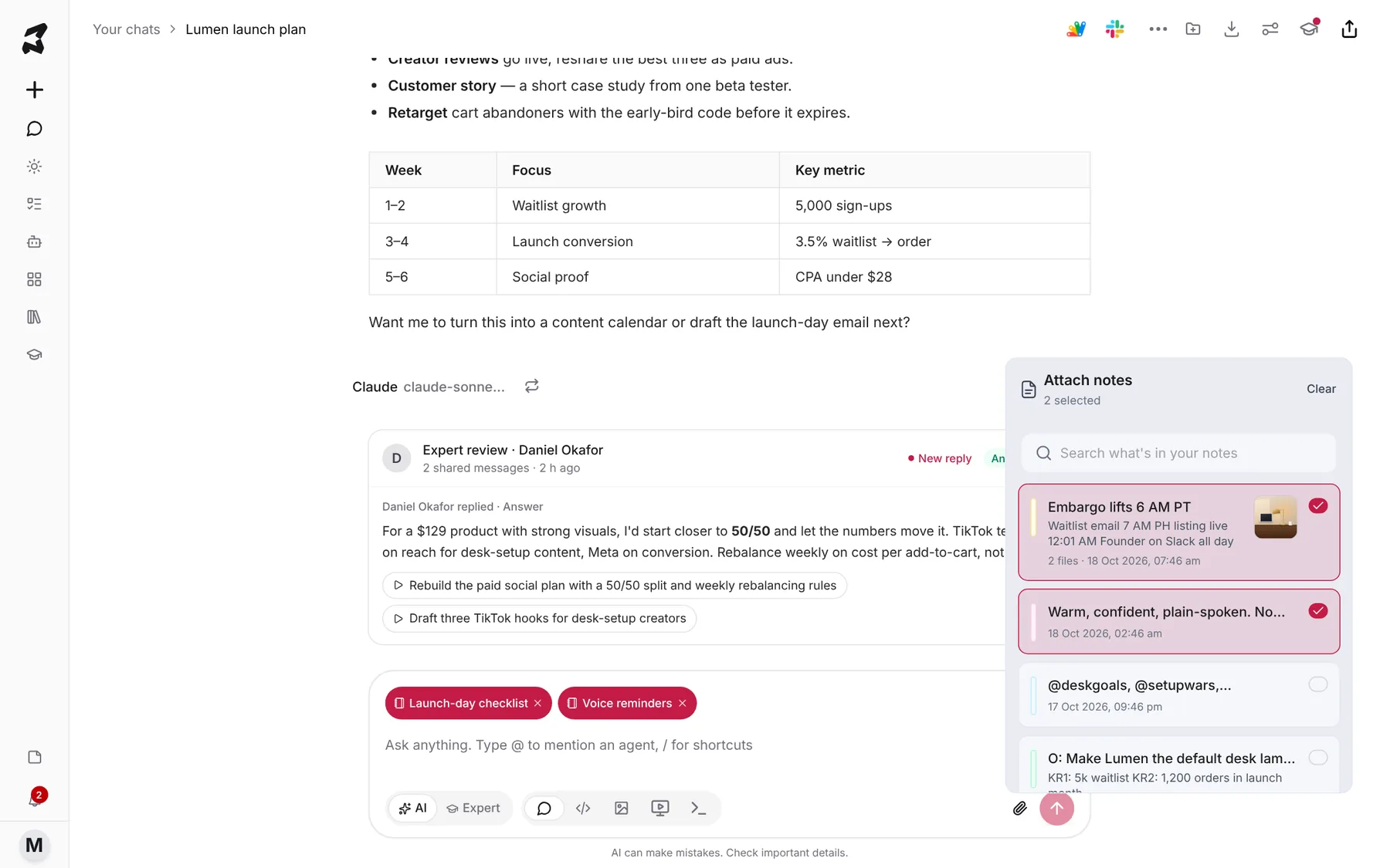 The Attach notes panel with two notes selected, shown as chips above the chat composer
