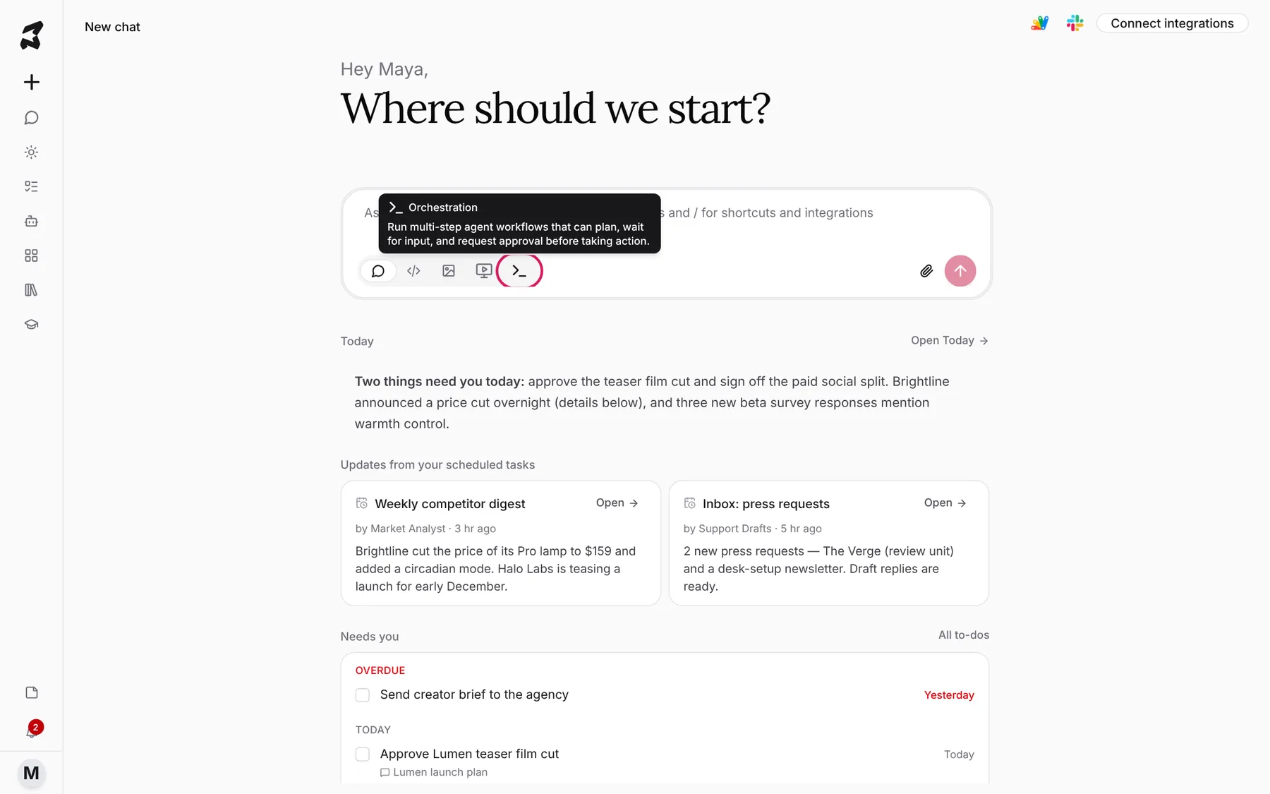 The Orchestration mode icon marked in the composer, with its tooltip: Run multi-step agent workflows that can plan, wait for input, and request approval before taking action