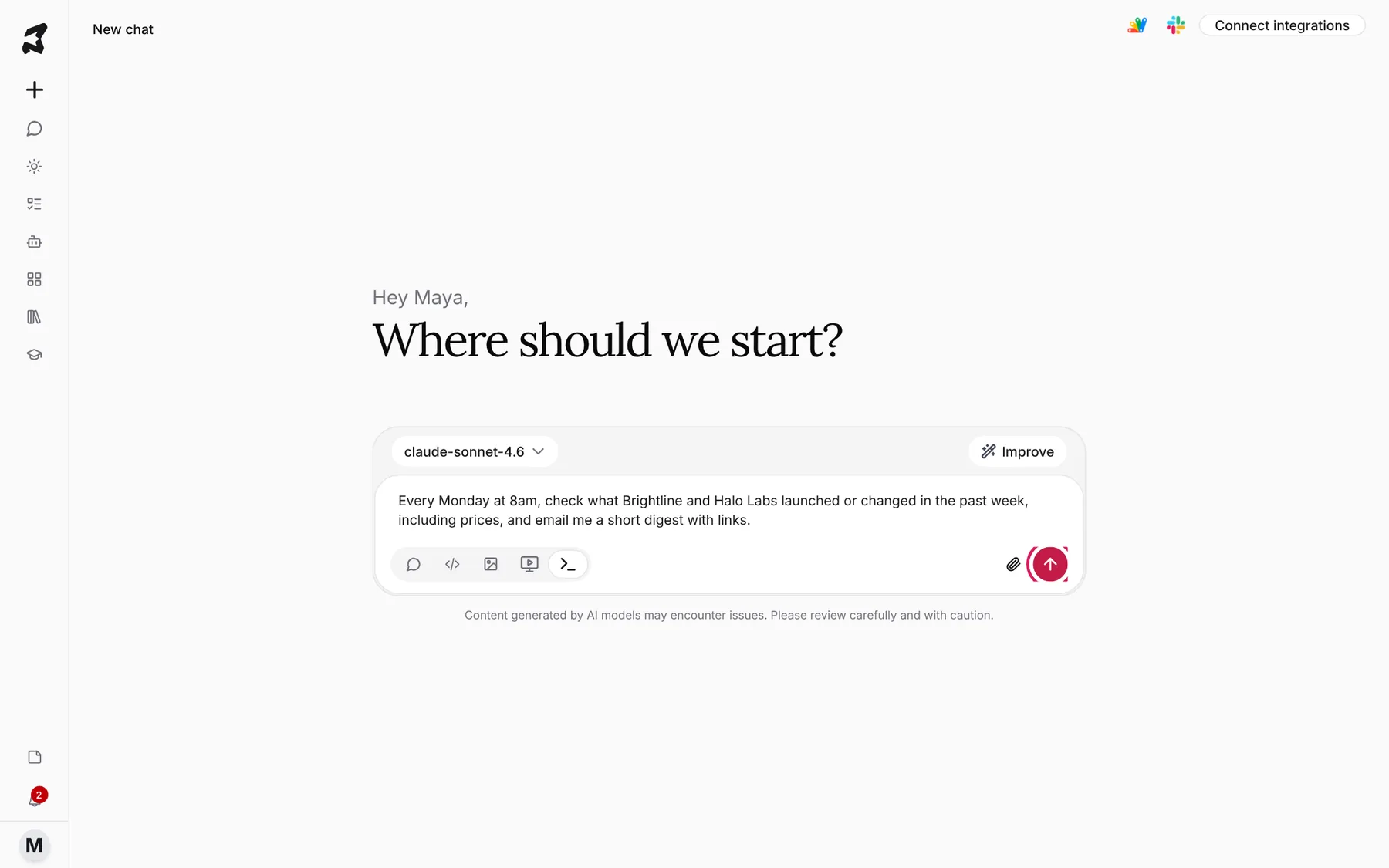 The composer in Orchestration mode with a weekly competitor digest request typed in and the send button marked