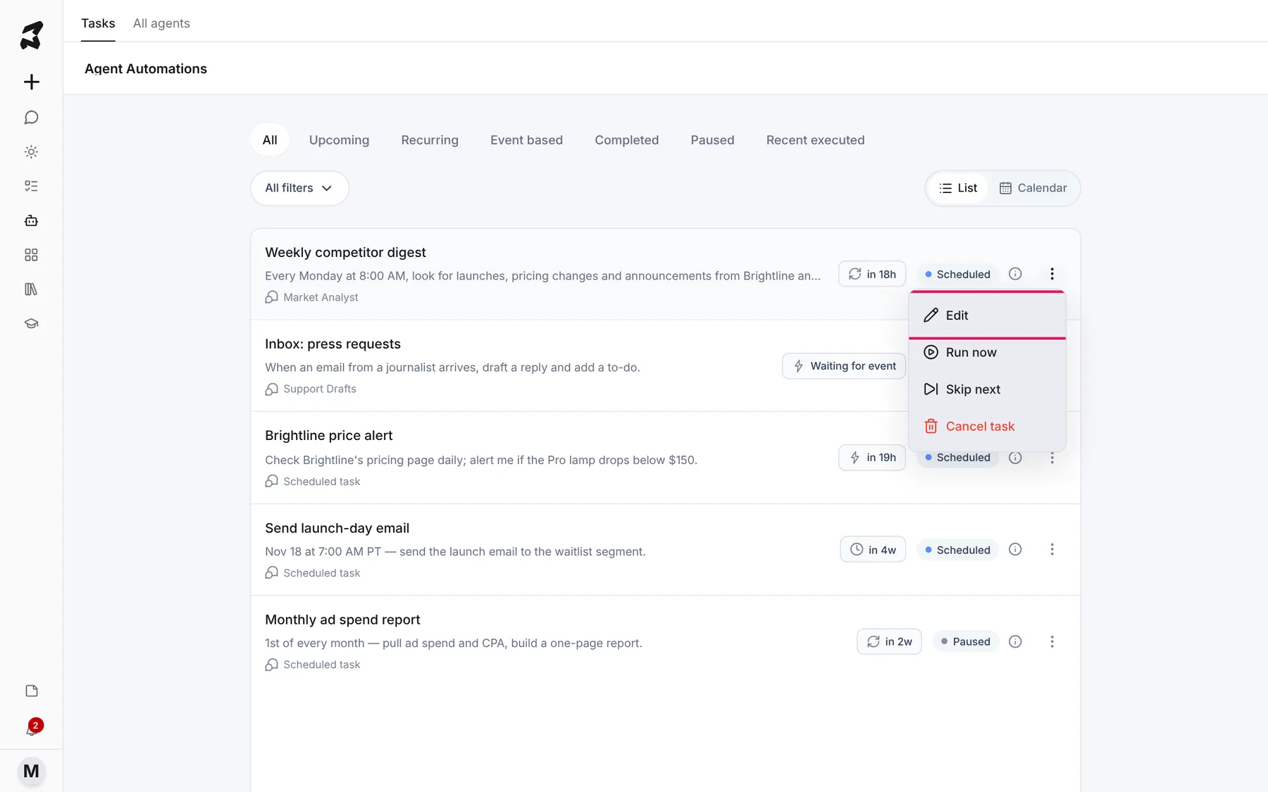 Agent Automations with five tasks and the actions menu open on Weekly competitor digest, with Edit marked