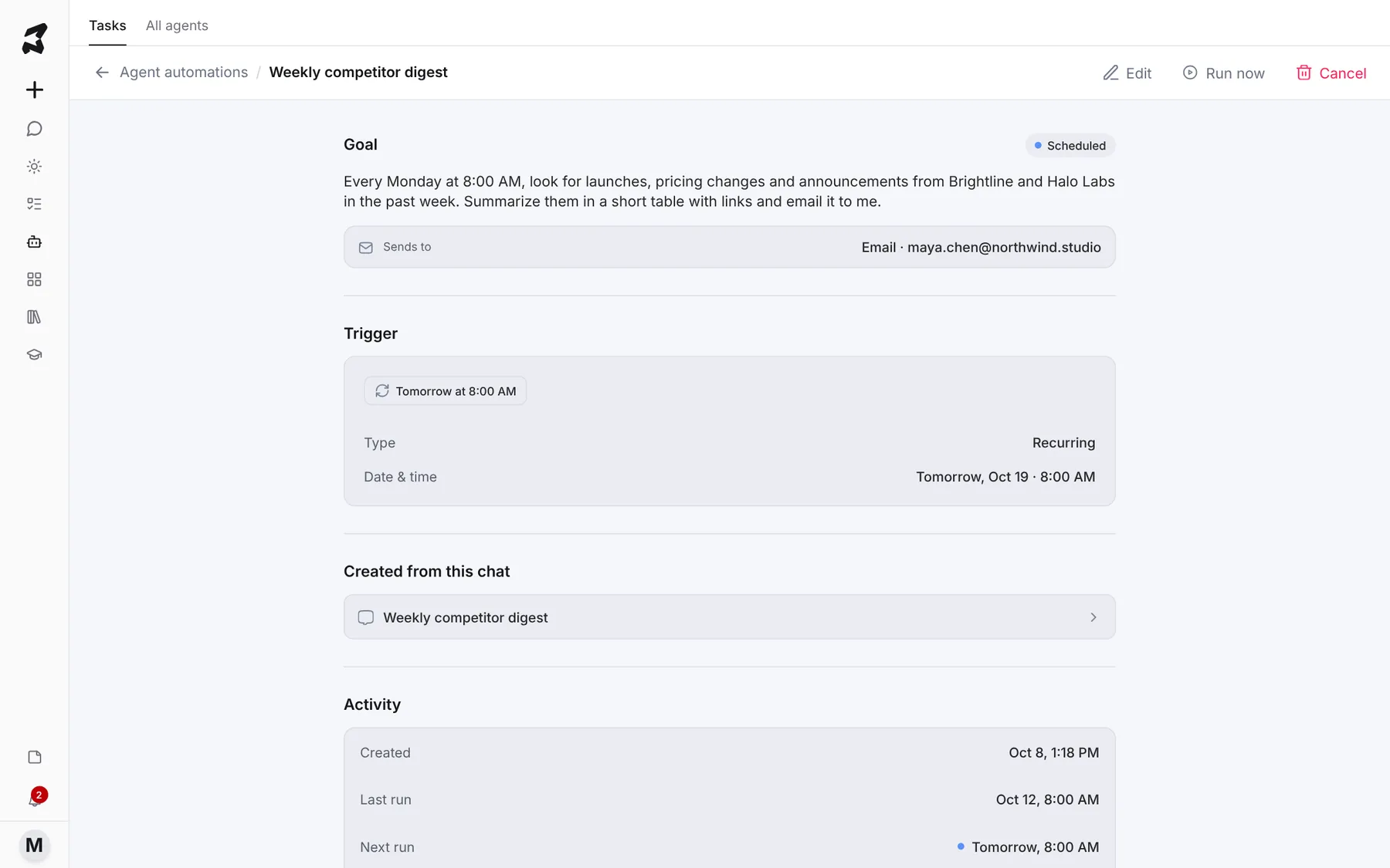 The detail page for Weekly competitor digest with Goal, Sends to, Trigger, Created from this chat and Activity sections