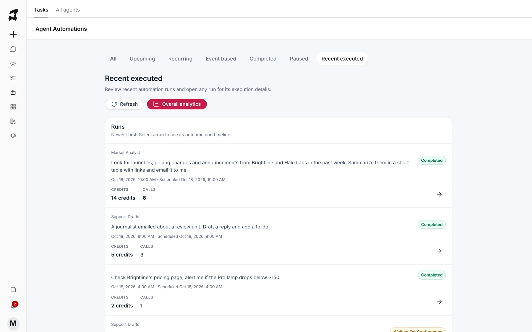 Recent executed showing a list of completed runs with credits and calls for each