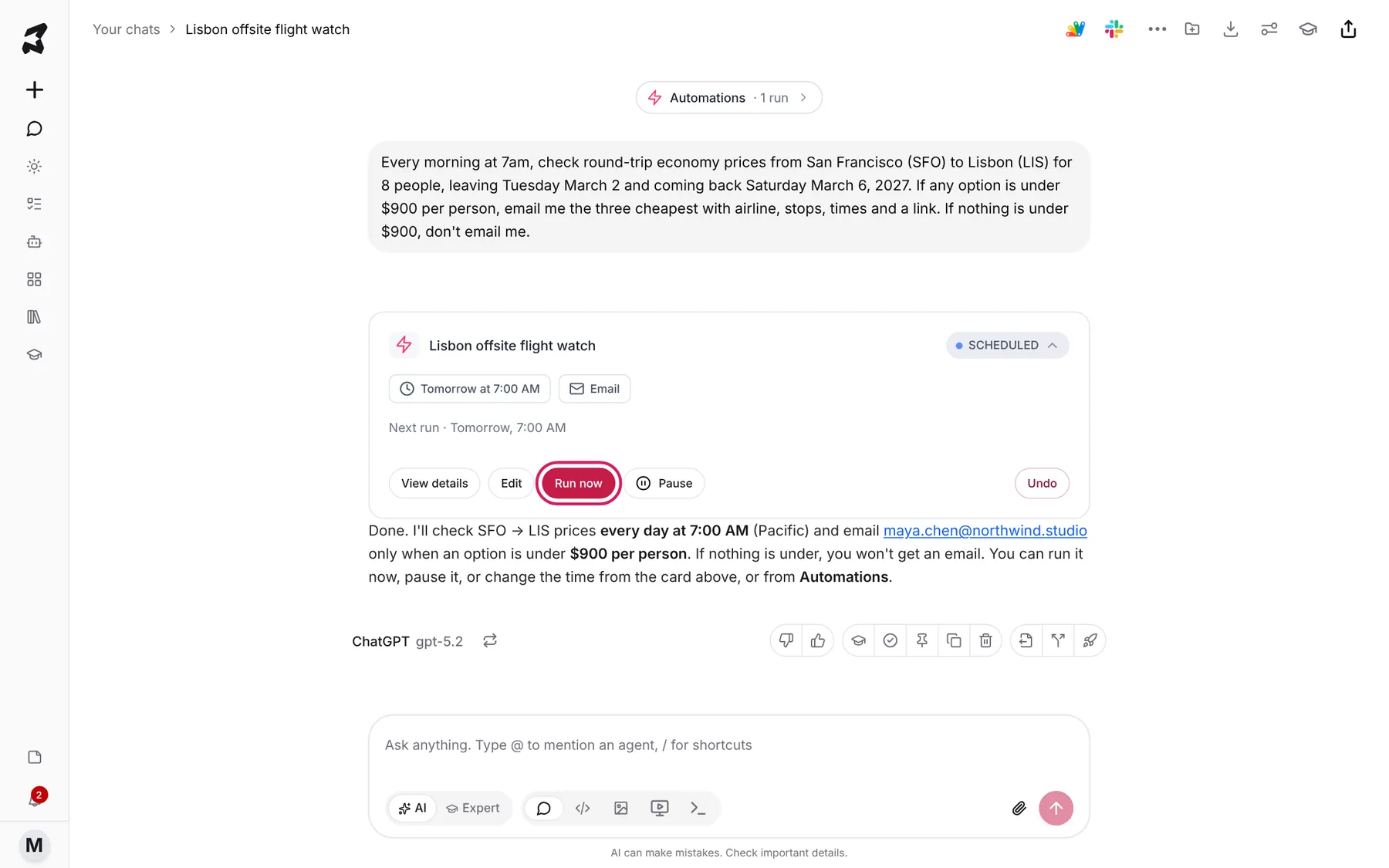 The scheduled-task card for Lisbon offsite flight watch with a SCHEDULED status, Tomorrow at 7:00 AM, Email, Next run Tomorrow 7:00 AM, and the View details, Edit, Run now, Pause and Undo buttons, with Run now marked
