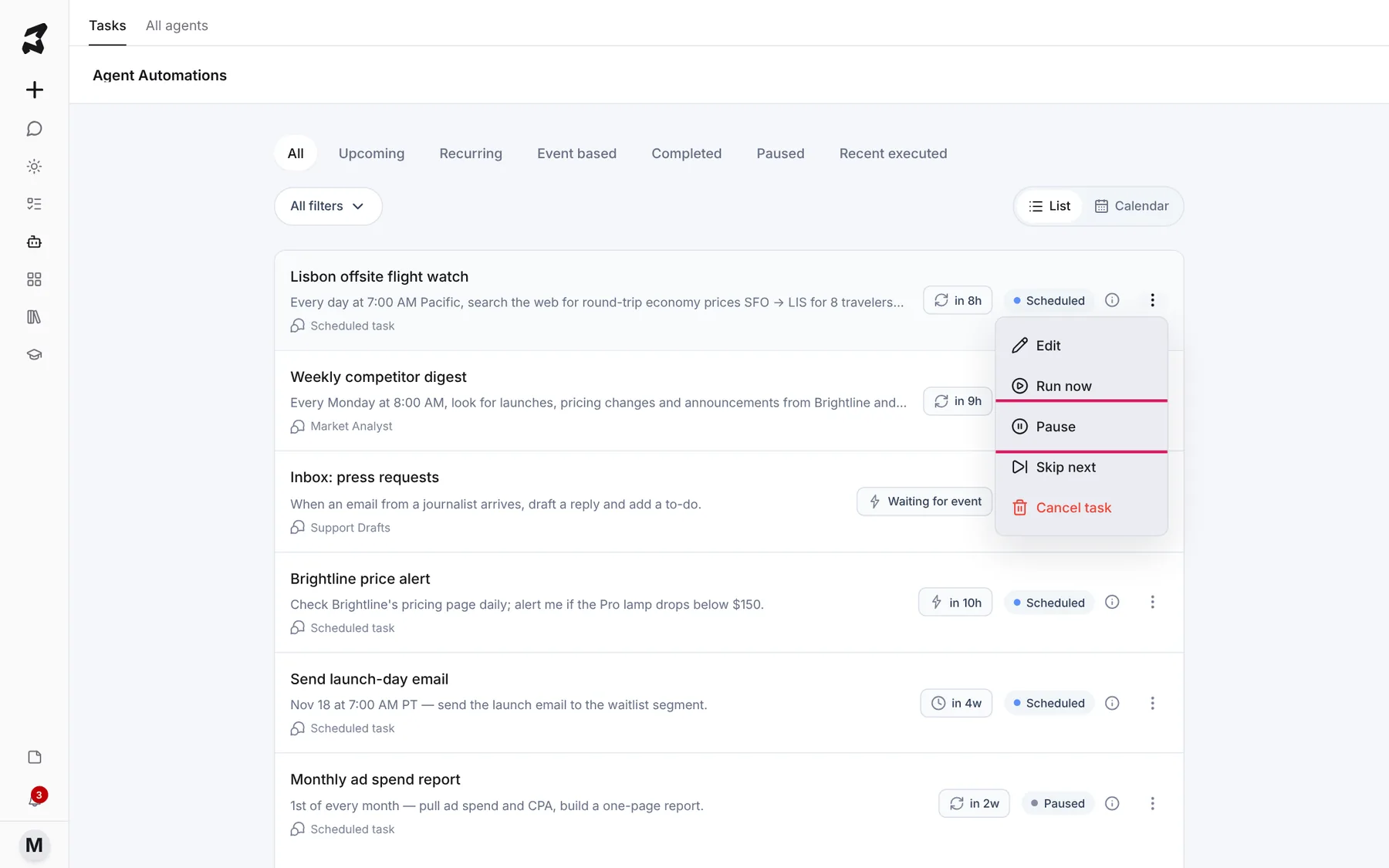 Agent Automations with Lisbon offsite flight watch at the top of the list and its actions menu open, showing Edit, Run now, Pause, Skip next and Cancel task, with Pause marked
