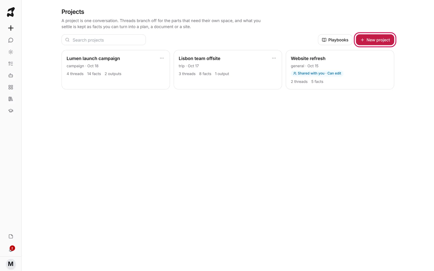 The Projects page with three project cards and the New project button highlighted