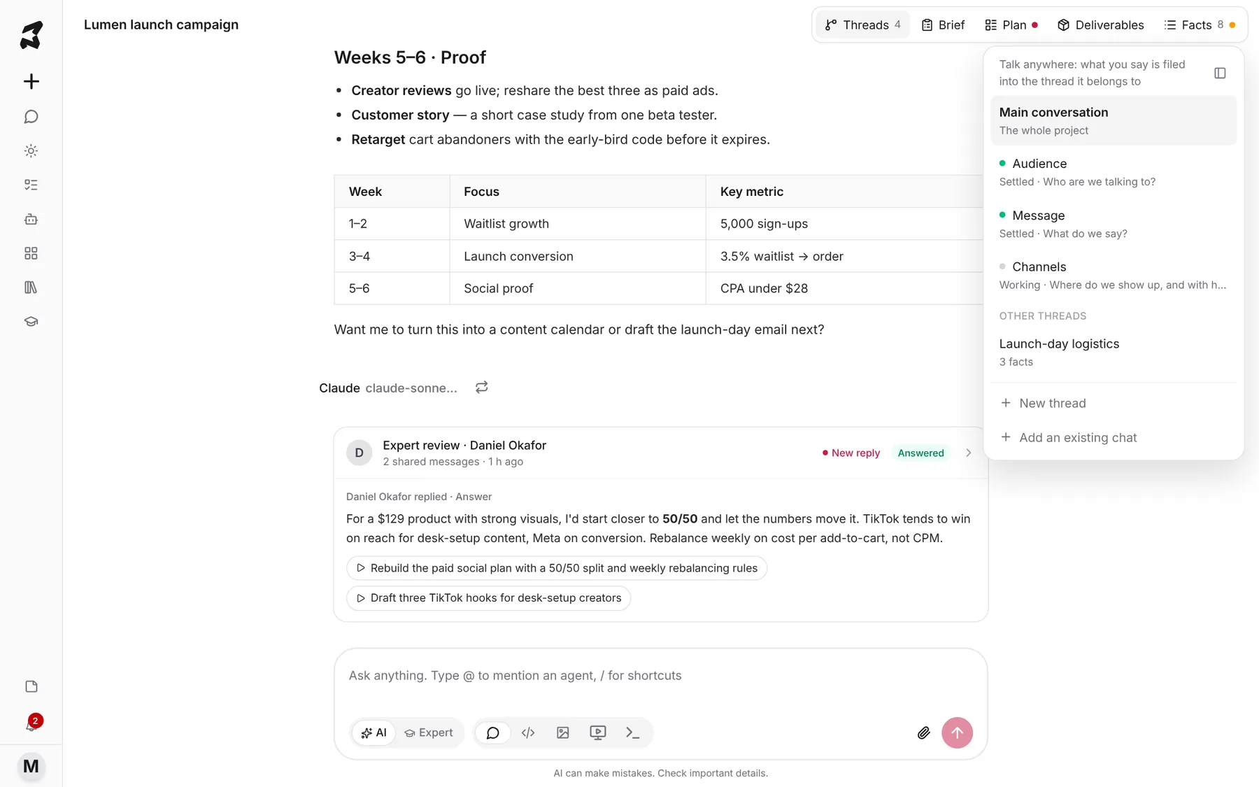 Threads list open over the project, showing Main conversation, Audience, Message, Channels, Launch-day logistics, New thread and Add an existing chat