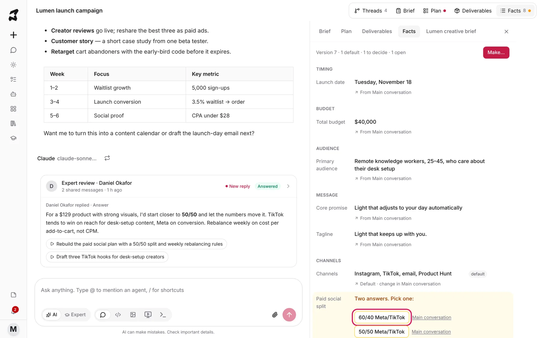Facts panel grouped by topic, with the paid social split showing two answers to pick from
