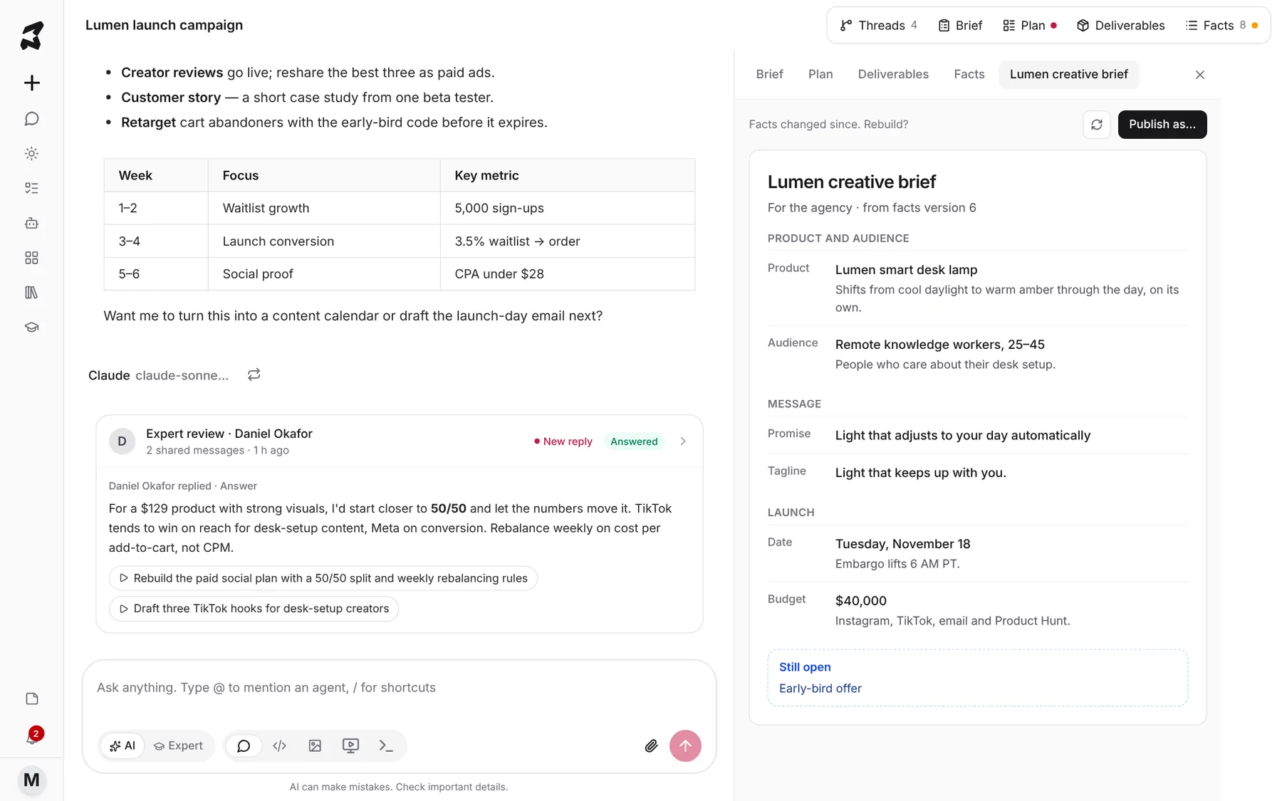 A finished creative brief built from the project's facts, with Publish as and a rebuild prompt