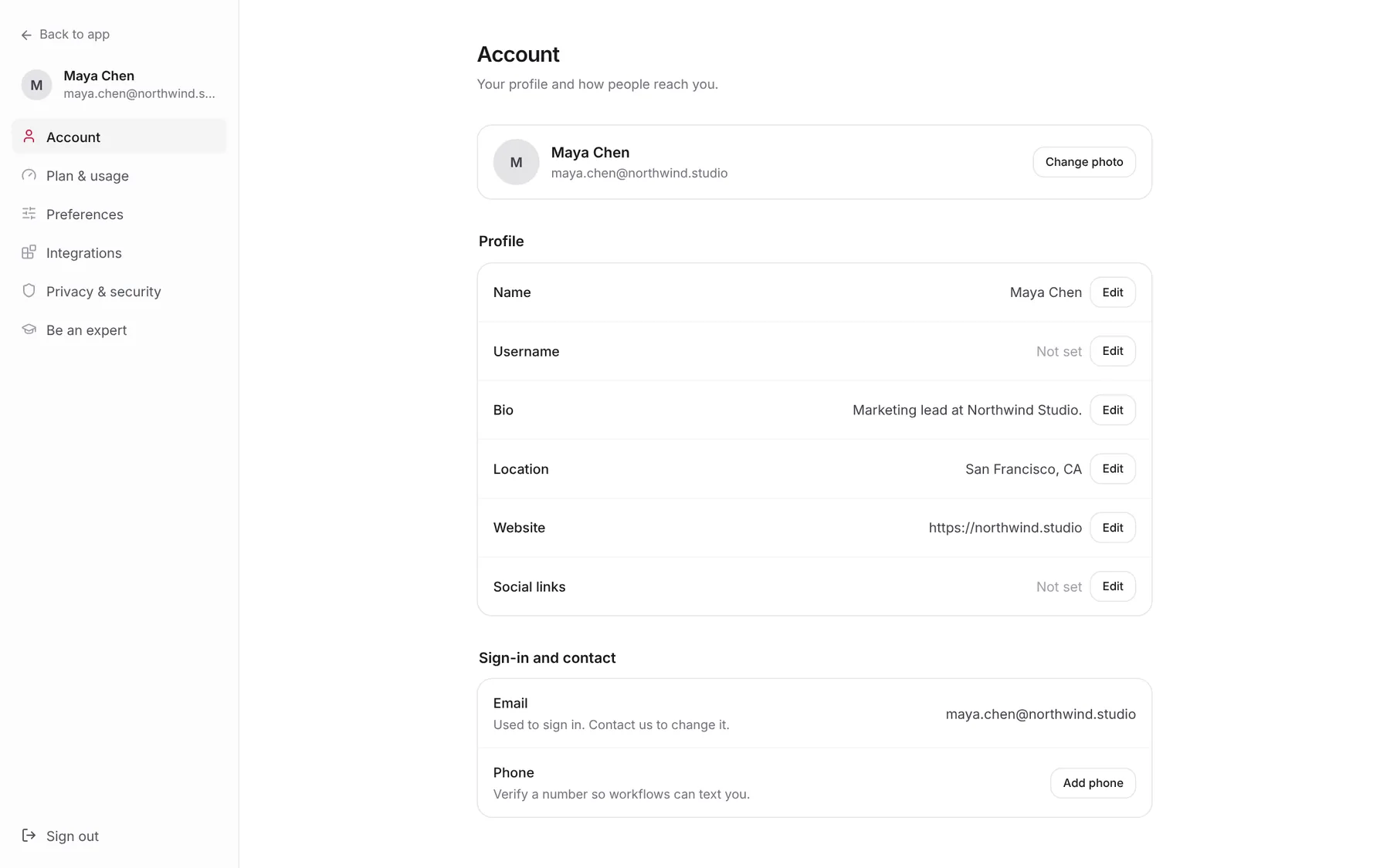 The Account settings page with Maya Chen's profile fields, each with an Edit button, and email and phone under Sign-in and contact