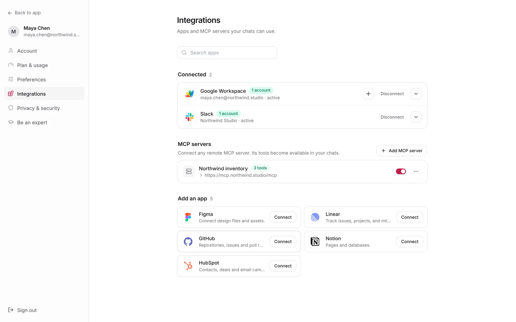 The Integrations page with Google Workspace and Slack connected, a Northwind inventory MCP server with 3 tools, and apps like Figma, Linear, GitHub, Notion and HubSpot under Add an app