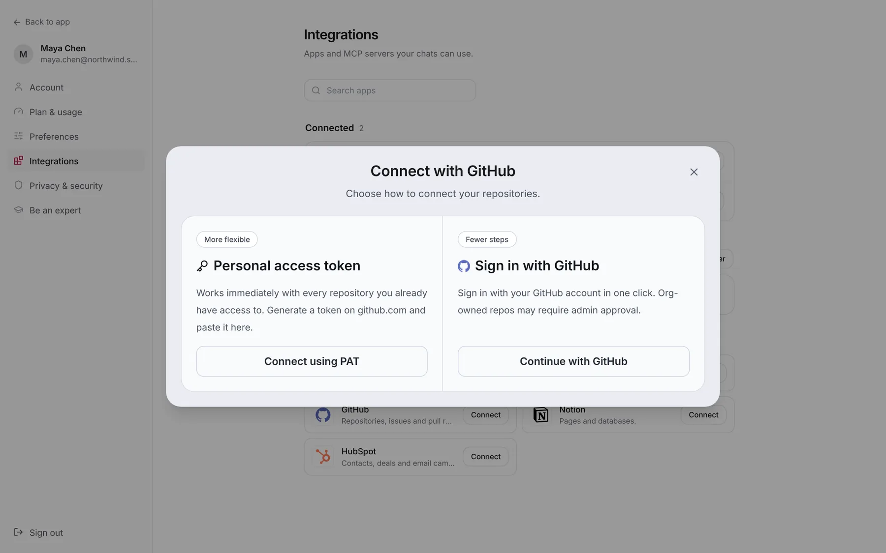 The Connect with GitHub dialog offering a personal access token or Sign in with GitHub