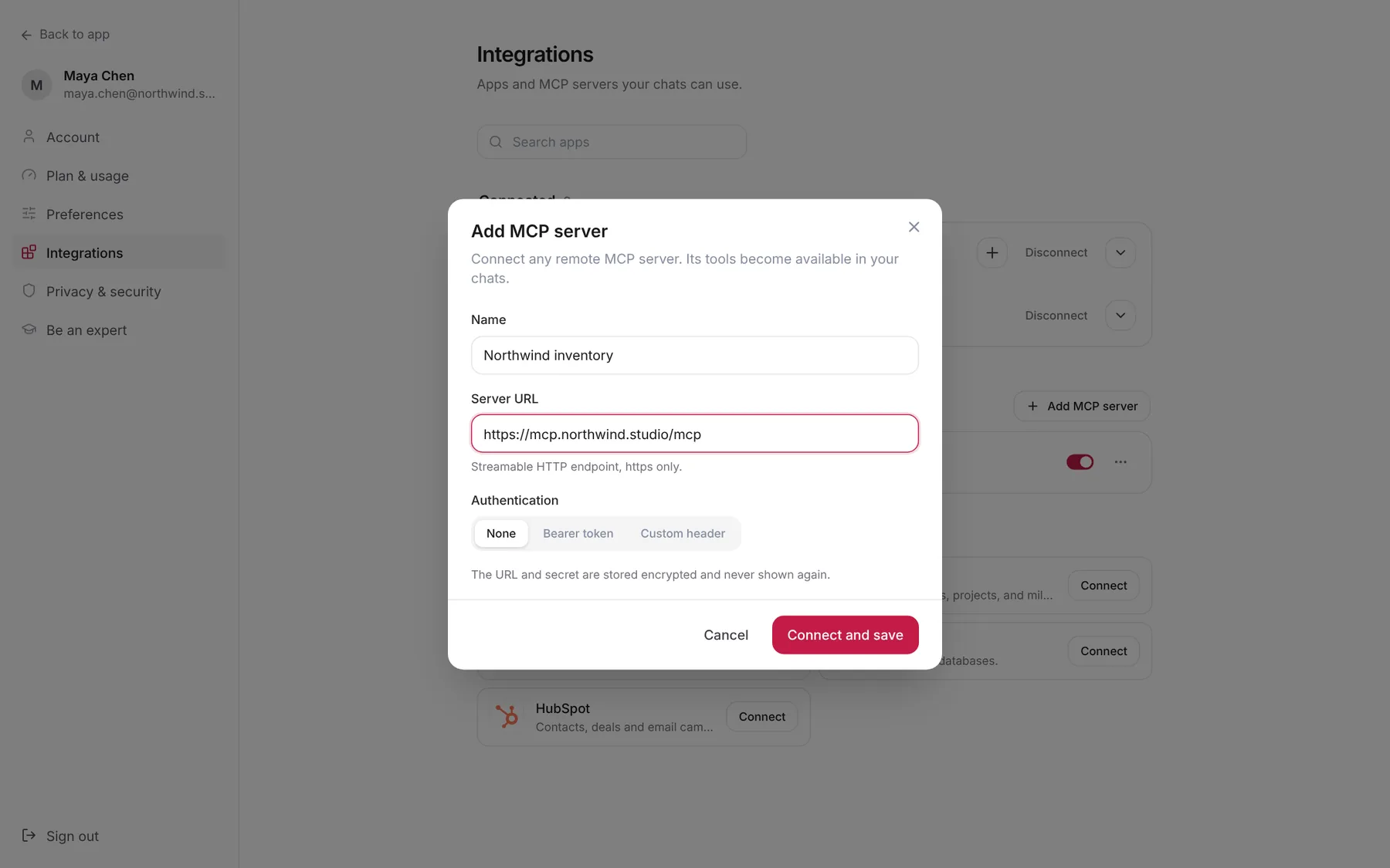 The Add MCP server form with the name Northwind inventory, a server URL, authentication options None, Bearer token and Custom header, and Connect and save