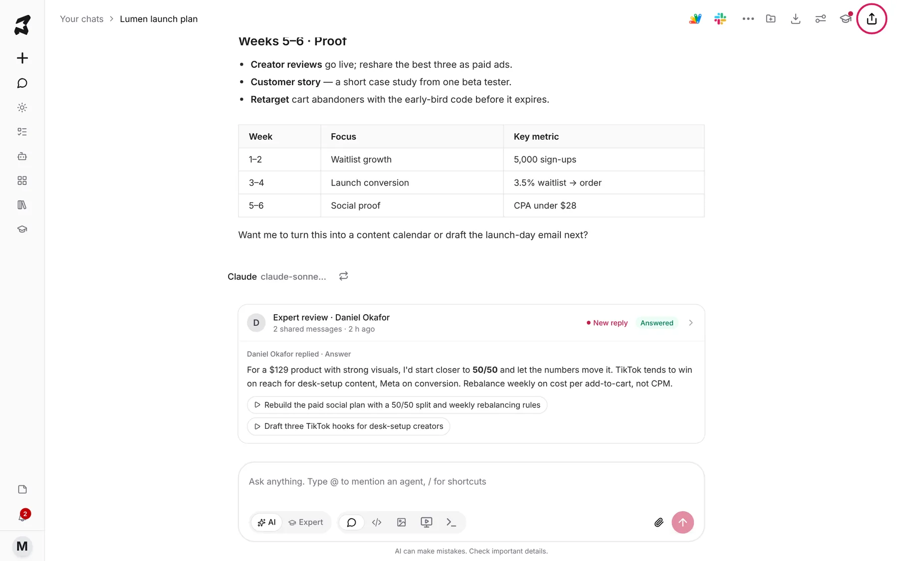 A Lumen launch plan chat with the Share chat button highlighted in the top right corner