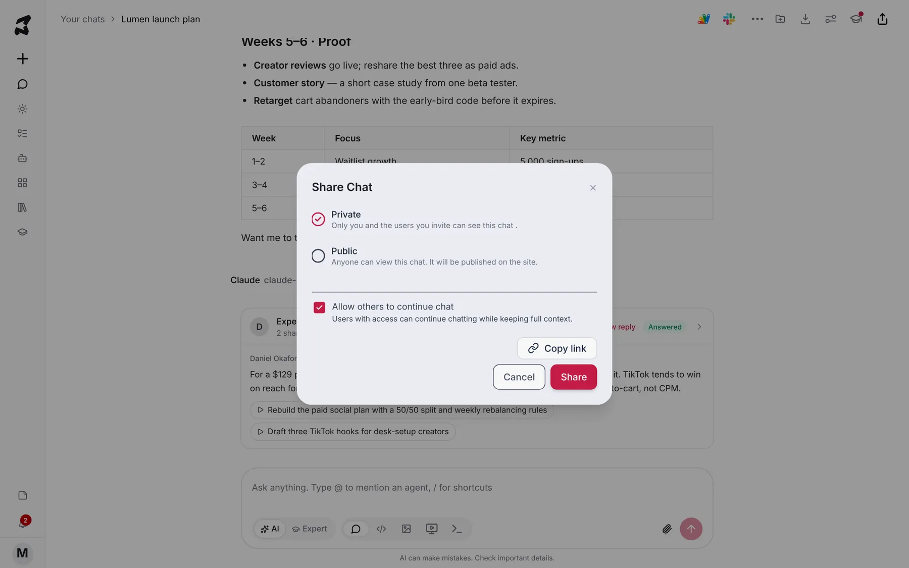 The Share Chat dialog with Private selected, Public as the other option, Allow others to continue chat ticked, and Copy link and Share buttons