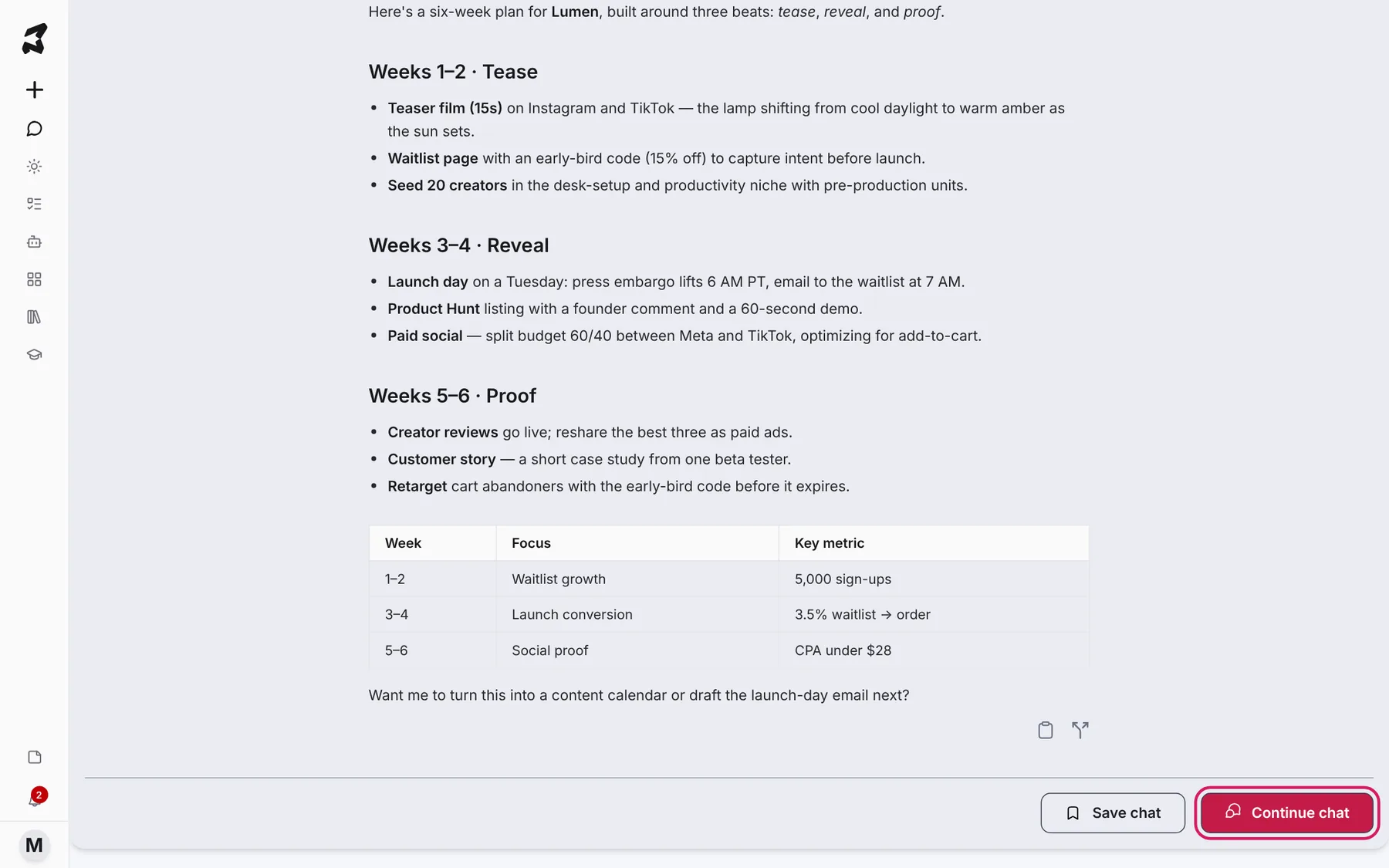 A shared Lumen launch plan seen by a recipient, scrolled to the end of the conversation, with Save chat and Continue chat at the bottom and Continue chat highlighted