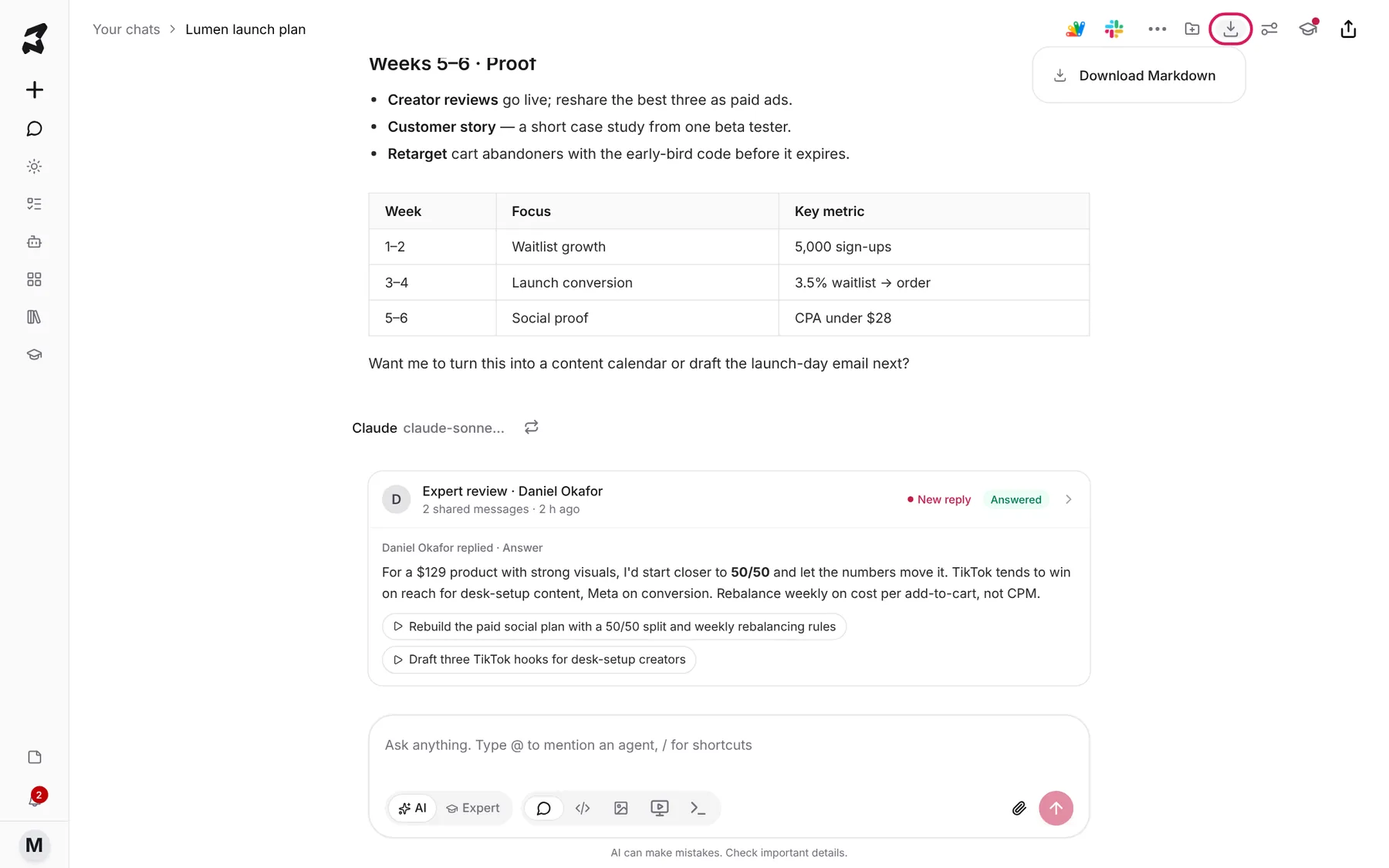 The Download chat menu open under the chat header, offering Download Markdown