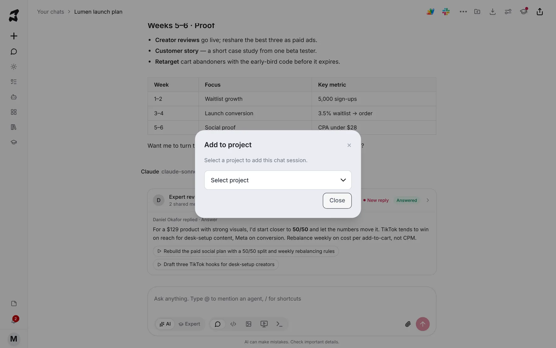 The Add to project dialog with a Select project dropdown and a Close button