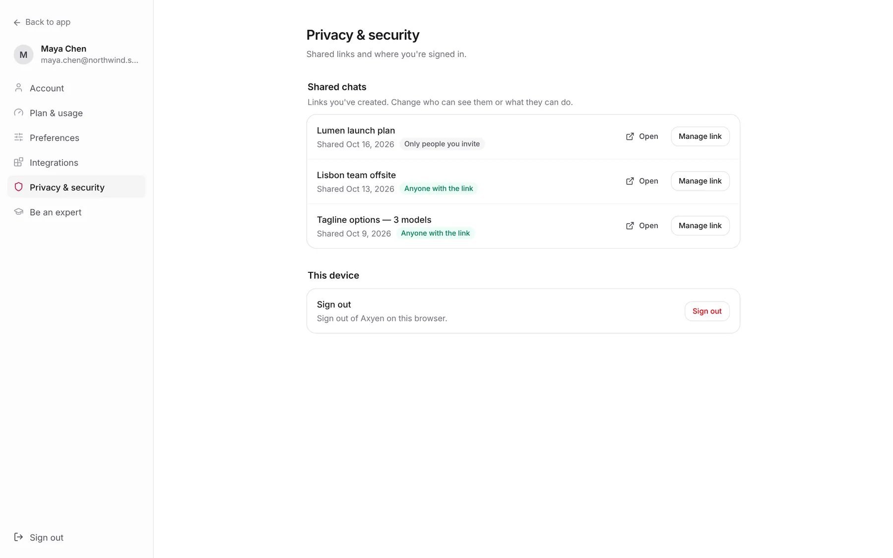 Privacy & security settings listing three shared chats, one visible only to invited people and two to anyone with the link, each with Open and Manage link