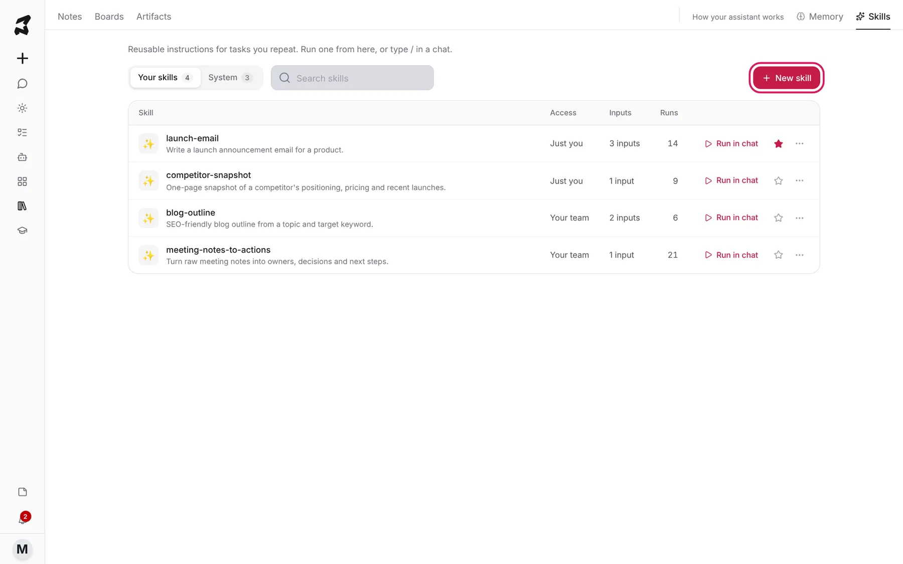The Skills page with Your skills and System tabs, four skills in a table, and the New skill button marked