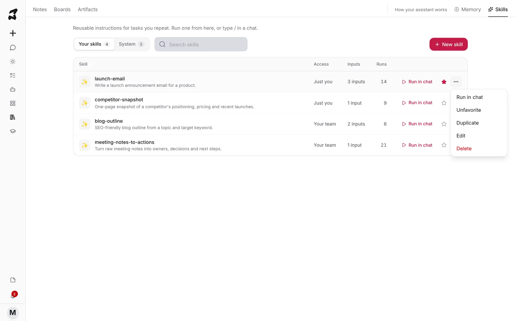 The skill options menu open with Run in chat, Unfavorite, Duplicate, Edit and Delete
