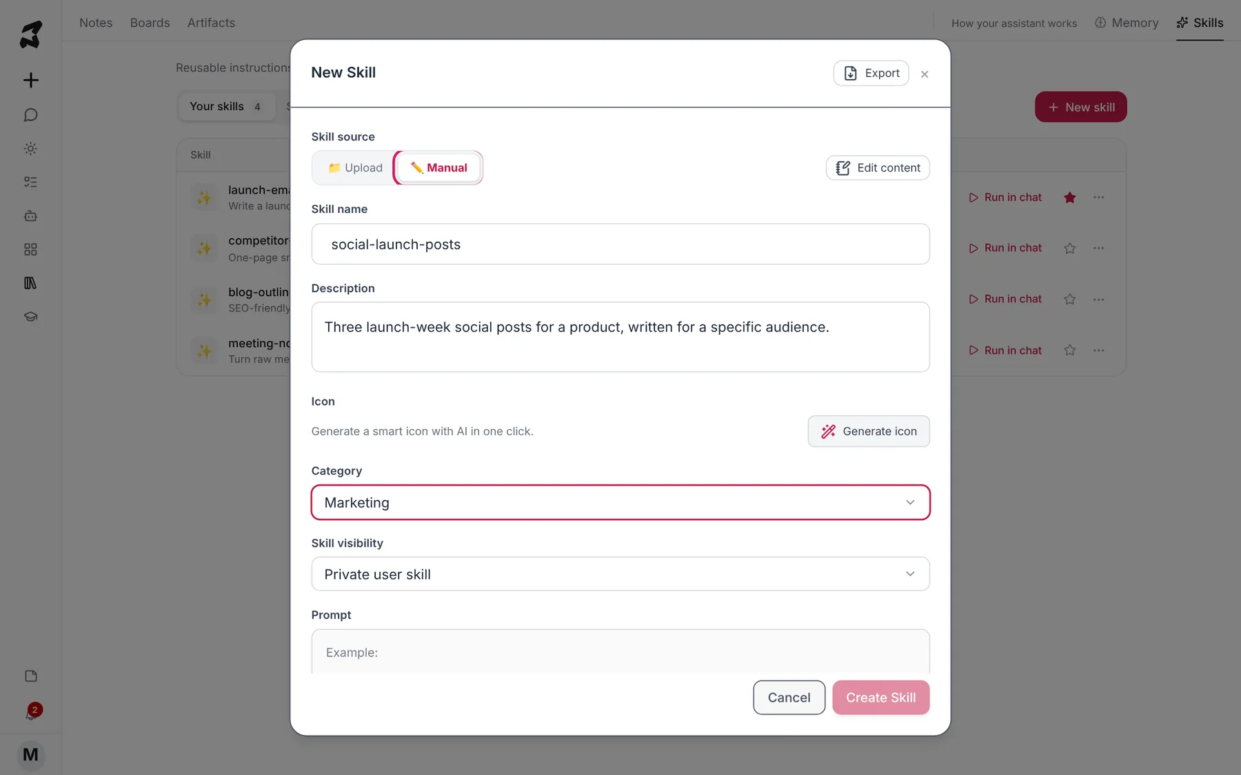 The New Skill form in Manual mode with name, description and the Marketing category filled in