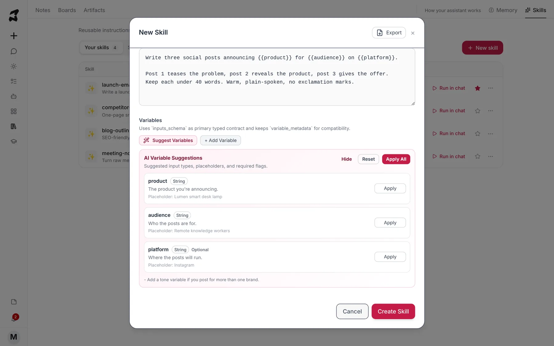 The prompt with three variables and the AI Variable Suggestions panel listing product, audience and platform
