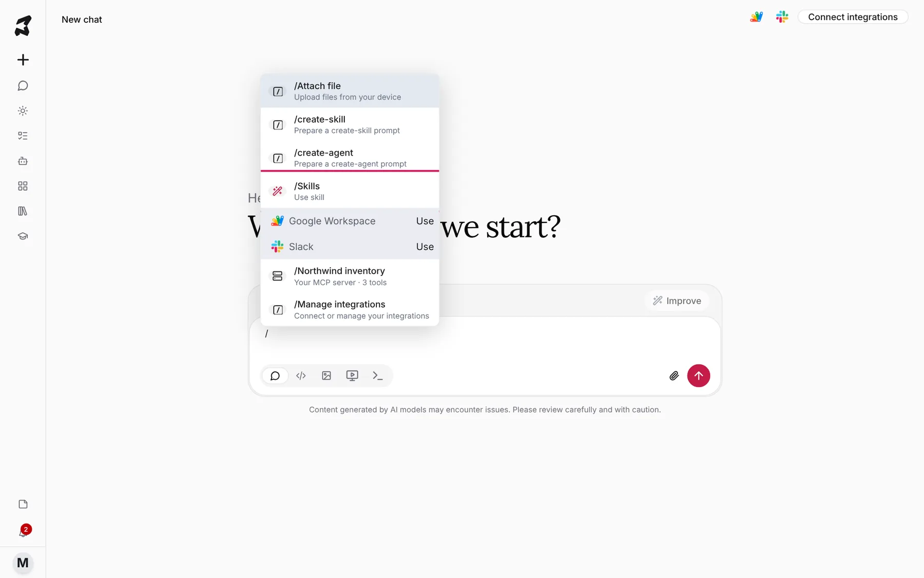 Typing / in the composer opens a menu with Attach file, create-skill, create-agent, Skills and Manage integrations