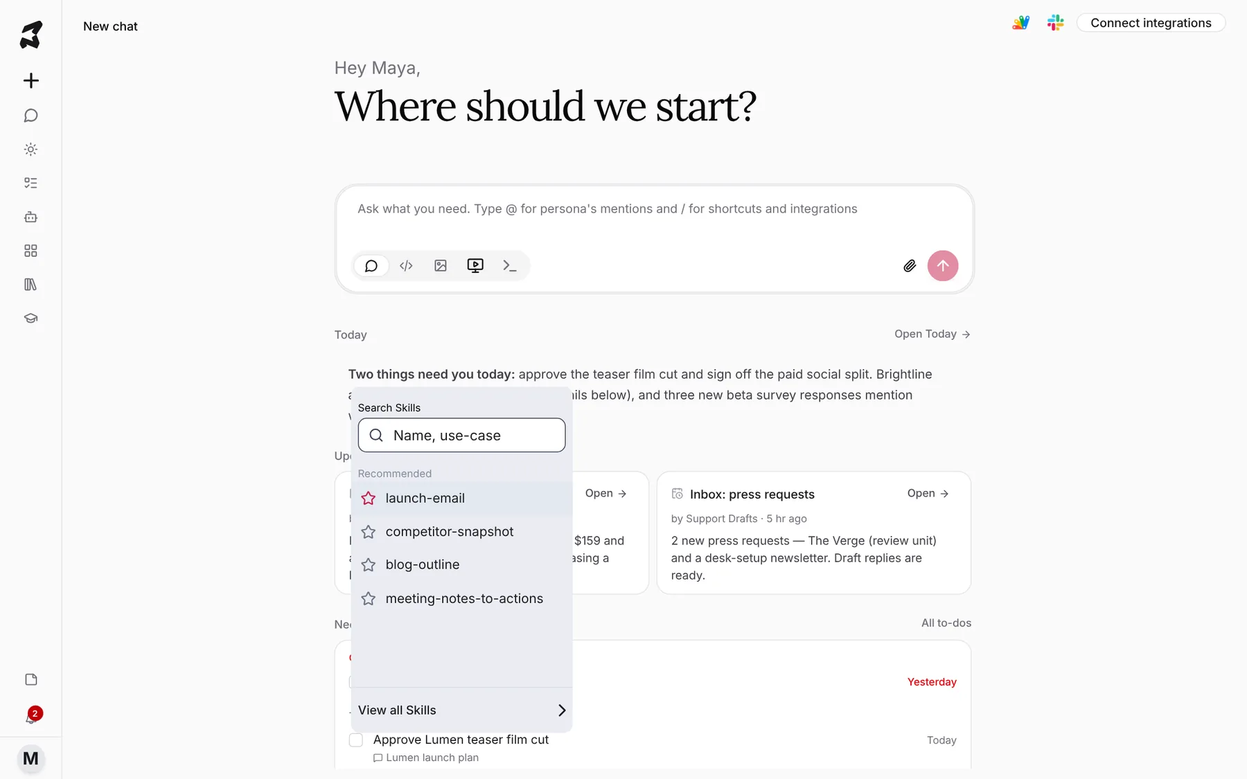 The Search Skills picker listing launch-email, competitor-snapshot, blog-outline and meeting-notes-to-actions