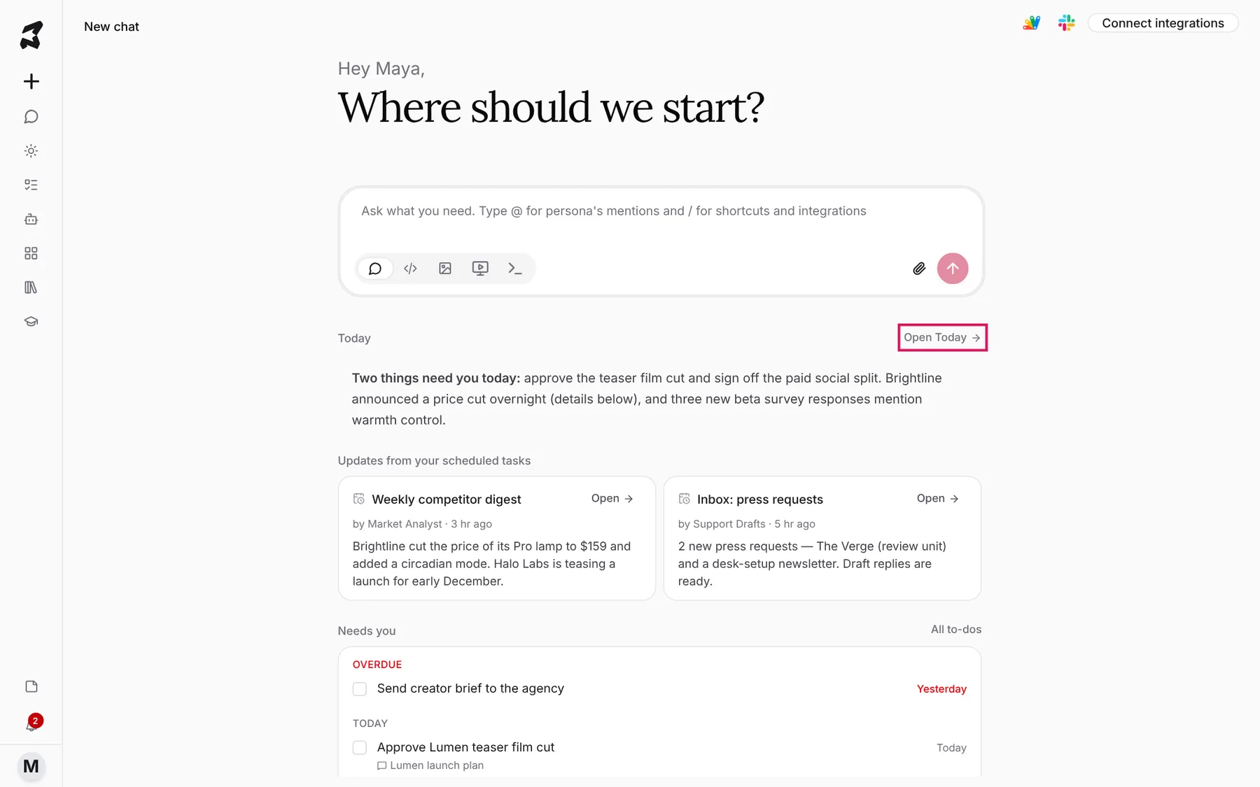 The new-chat page with the Today section below the composer: the brief, two scheduled-task updates and the Needs you list, with Open Today marked
