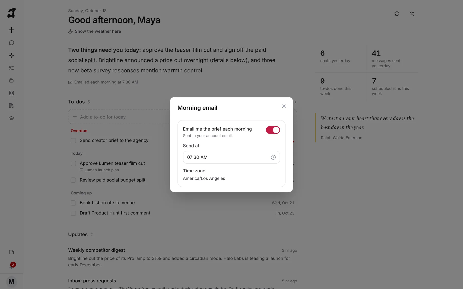 The Morning email settings with the email switch on, Send at 07:30 AM and the America/Los_Angeles time zone