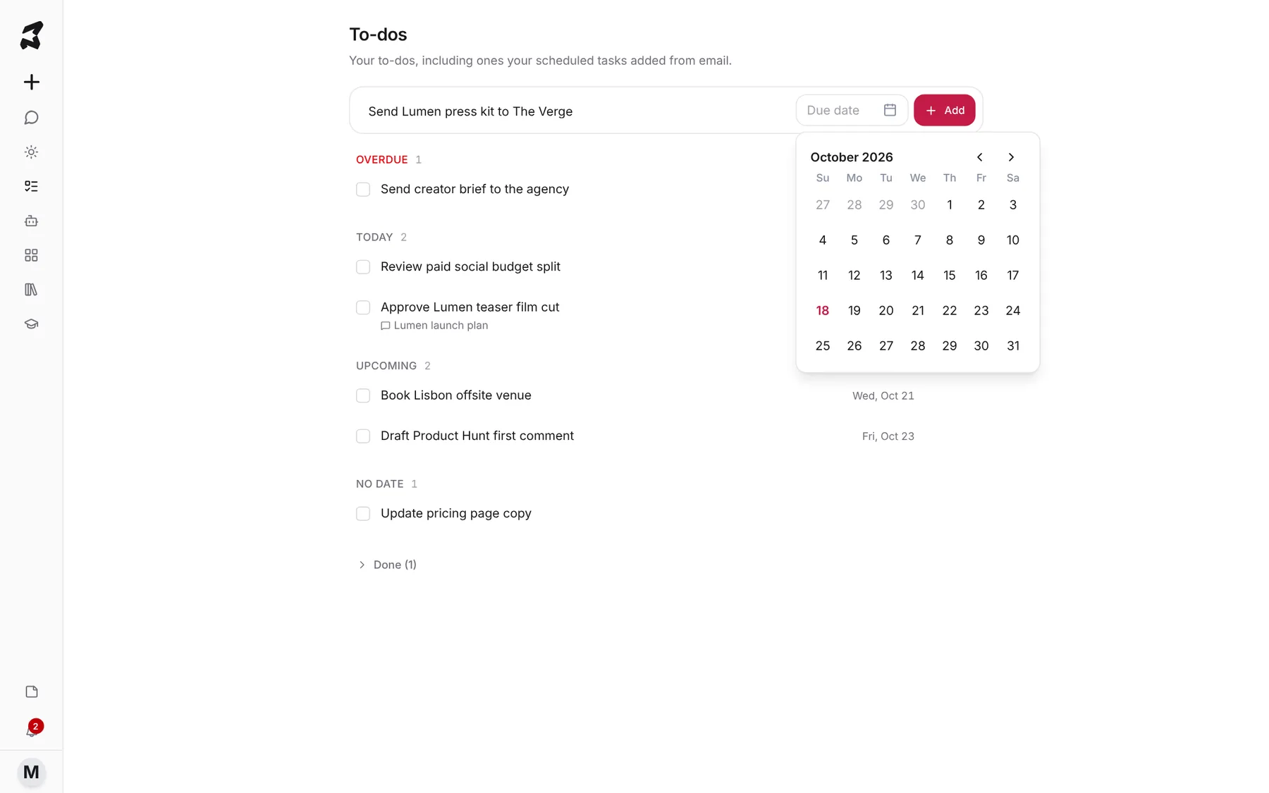 The To-dos page with a new to-do typed in and the Due date calendar open