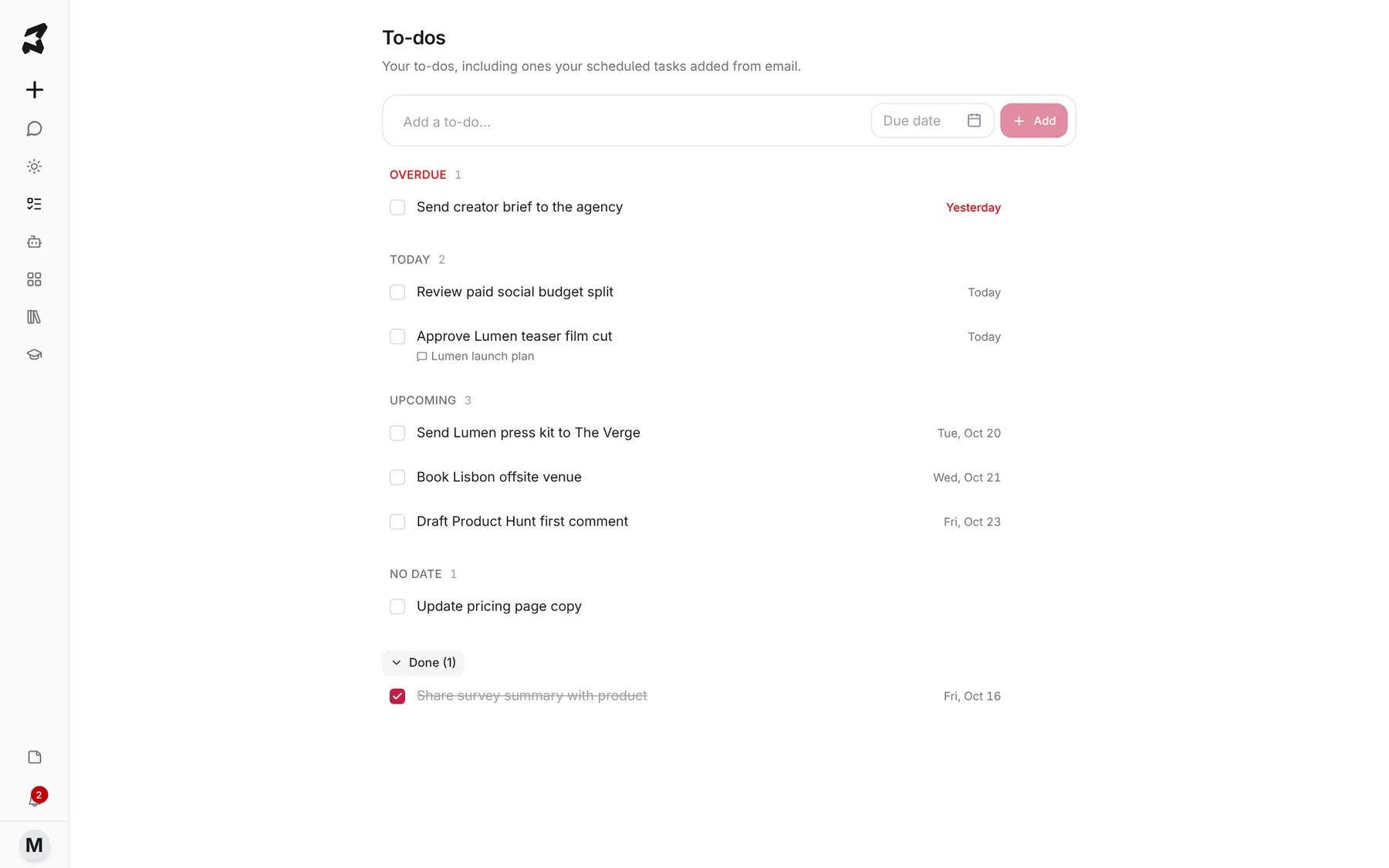 The full to-do list with the new item under Upcoming, and the Done section expanded